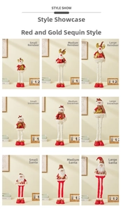 Red and gold sequined Christmas dolls in reindeer, snowman, and Santa designs in three sizes
