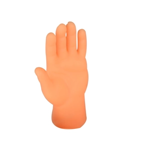 Close-up of novelty orange plastic finger puppet for cat grooming and interactive play