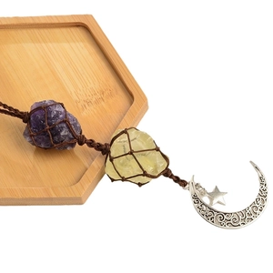 Natural amethyst and citrine gemstone car charm with star and moon woven moon pendant