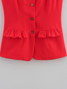 Slim fit red suit vest for women featuring three brown buttons and ruffled pocket detail