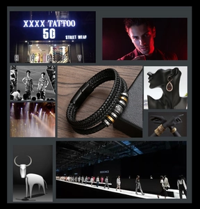 Detaillierte Collage aus mehrschichtigem schwarzem geflochtenem Lederarmband für Herren