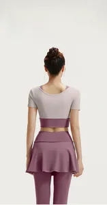 Close-up back view of high-elasticity yoga set with moisture-wicking contrast fabric