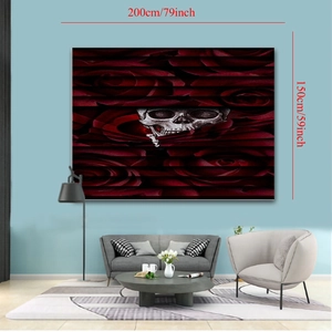 Gothic skull and red roses wall tapestry measuring 200cm x 150cm for home decor