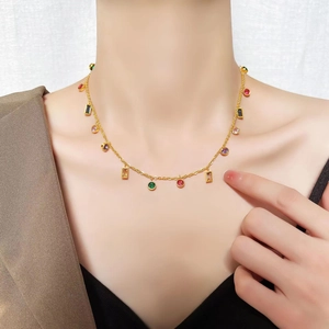 18K gold plated titanium steel necklace with colorful zircon tassel charms on model