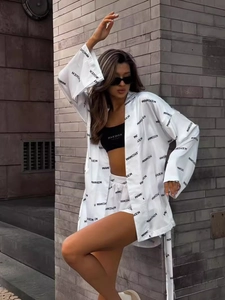 Women's white satin print long sleeve shirt and high waist shorts two-piece set outfit
