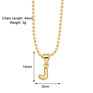 Detailed view of gold plated letter J pendant with 44cm bead chain dimensions
