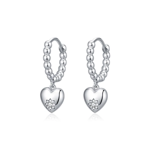 Elegant S925 silver beaded hoop earrings with sparkling heart-shaped charms and crystals