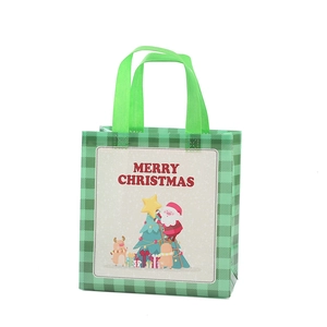 Green plaid Merry Christmas non-woven gift bag with Santa and Christmas tree design