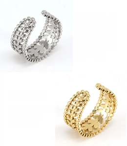 Macro shot of silver and gold hollow leaf rings in lead and nickel free stainless steel