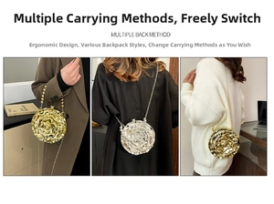Detailed views of gold rose evening bag showing multiple ways to wear with chain and pearls