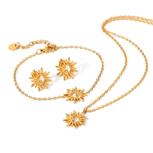 Golden stainless steel jewelry set featuring sunflower necklace, bracelet and stud earrings