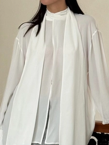 Elegant white long sleeve chiffon blouse with high scarf neck and semi-sheer fabric