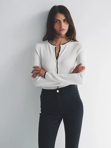 Cardigan En Tricot Pour Femmes Passepoil Contrasté Col Rond Manches Longues Gilet Slim Fit Haut En Polyester Casual