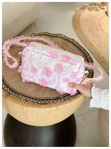 Detailed macro view of 3D pink flowers and shimmering sequins on a kids floral crossbody bag