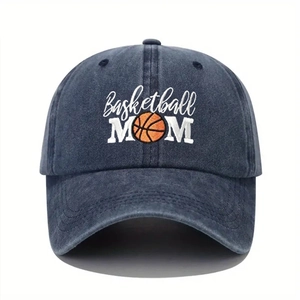 Detail of navy blue washed cotton baseball cap with Basketball MOM embroidery