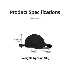 Detailed size chart for black baseball cap showing 13cm height and 8cm brim dimensions