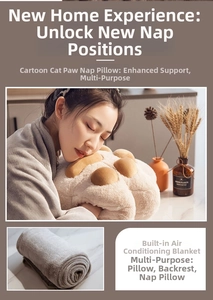 Multi-use cat paw pillow and gray flannel blanket set for office naps and travel use