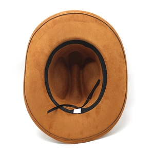 Detail view of the brown suede hat interior featuring sweatband and adjustable drawstring
