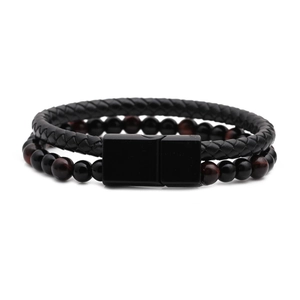 Zweilagiges Herrenarmband mit schwarzem Ledergeflecht und Tigeraugen-Perlen
