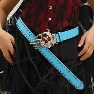 Sky blue punk leather belt with large silver skull buckle and red stone eyes for youths