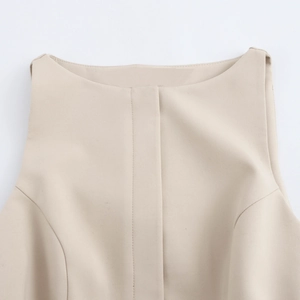 Women's spring round neck sleeveless slim fit beige dress with elegant belt detail