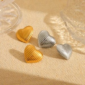Fashionable heart shaped stainless steel stud earrings with 18K gold textured finish