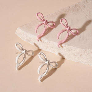 Sweet pink and white matte bow stud earrings for women with high-quality silver needles