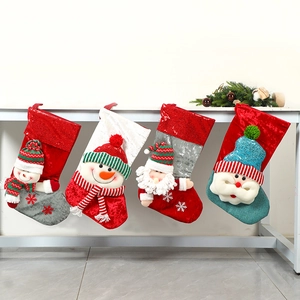 Christmas Stocking Velvet Sequin Knit 3D Santa Snowman Character Hanging Gift Bag Home Party Decoration Ornaments