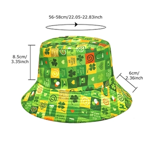 Reversible St. Patrick's Day bucket hat with clover print and detailed size dimensions