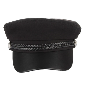 Detail of black baker boy hat featuring braided rope trim and silver metal side buttons