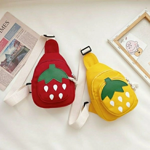 Cute strawberry-shaped canvas crossbody bags for kids in red and yellow colors