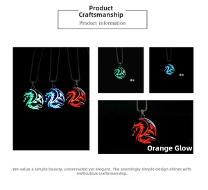 Macro shot of glow-in-the-dark dragon pendants in green, blue, and orange-red light colors