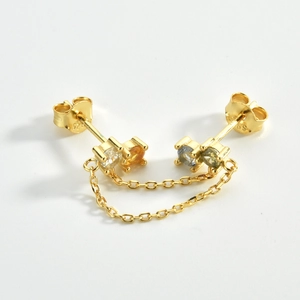 S925 sterling silver gold plated double stud earrings with chains and colorful zircons