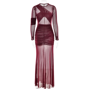 Detail of burgundy mesh maxi dress featuring sexy back cutout and ruched slim fit texture