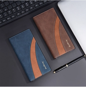 Detailed close-up of business long wallets in two-tone faux leather with brand logo