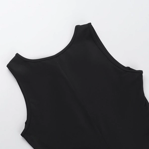 Detailed close-up showing professional stitching on black slim fit dress back neckline