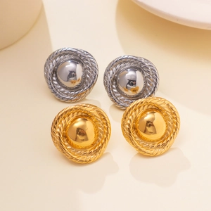 Vintage Stainless Steel 18K Gold Plated Round Stud Earrings For Women Personalized Rope Texture Geometric Ear Jewelry