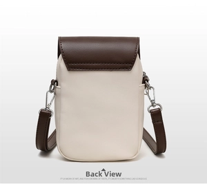 Back view of a mini two-tone leather crossbody phone bag with precise stitching