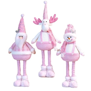 Pink Christmas standing doll set featuring Santa, reindeer and snowman decorations