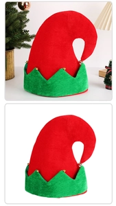 Close-up of a festive elf Christmas hat with green and red felt and gold bells