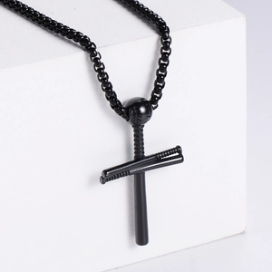 Black stainless steel baseball cross pendant necklace with ball chain for men