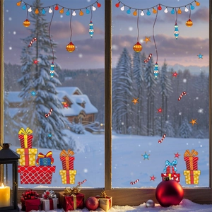 Christmas window static stickers with red gift boxes and colorful festive light strings