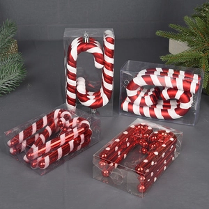 Christmas plastic candy cane hanging ornaments set with red and white festive patterns