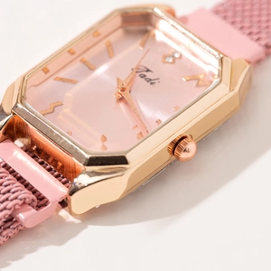 Women's square rose gold quartz watch with pink magnetic mesh strap and Vadi logo