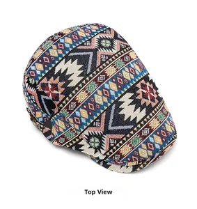 Top view of ethnic jacquard beret hat featuring colorful geometric patterns and textures