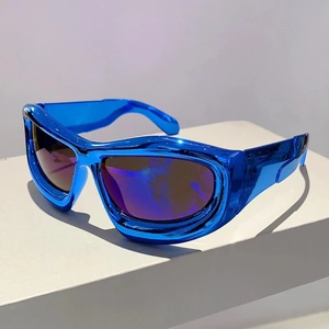 Y2K metallic blue wraparound sports sunglasses with reflective lenses and futuristic design