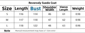 Size chart for faux suede long coat detailing length, chest, shoulder, and sleeve measurements