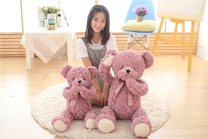 Pink rose plush teddy bear dolls in large and small sizes with satin bow ribbons