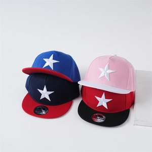 Kids snapback baseball caps with star embroidery in various colors on white background