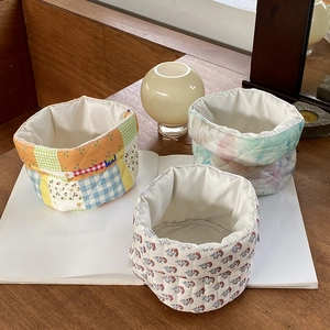 Quilted Cotton Storage Basket Cylindrical Desktop Organizer For Cosmetics Makeup Skincare Floral Plaid Pattern Home